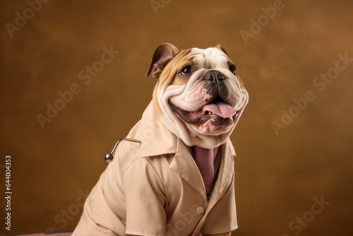 Medium shot portrait photography of a happy bulldog listening wearing a doctor costume against a pastel brown background. With generative AI technology