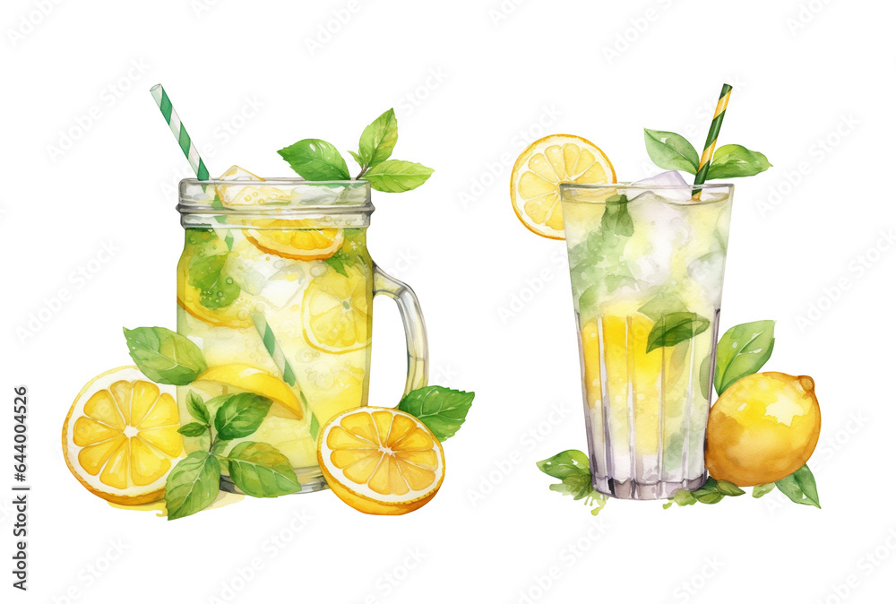 Watercolor hand painted lemonade cocktail glass with citrus fruit simple sketch illustration set isolated on white background. Hand drawn clip art for menu and ads - obrazy, fototapety, plakaty 