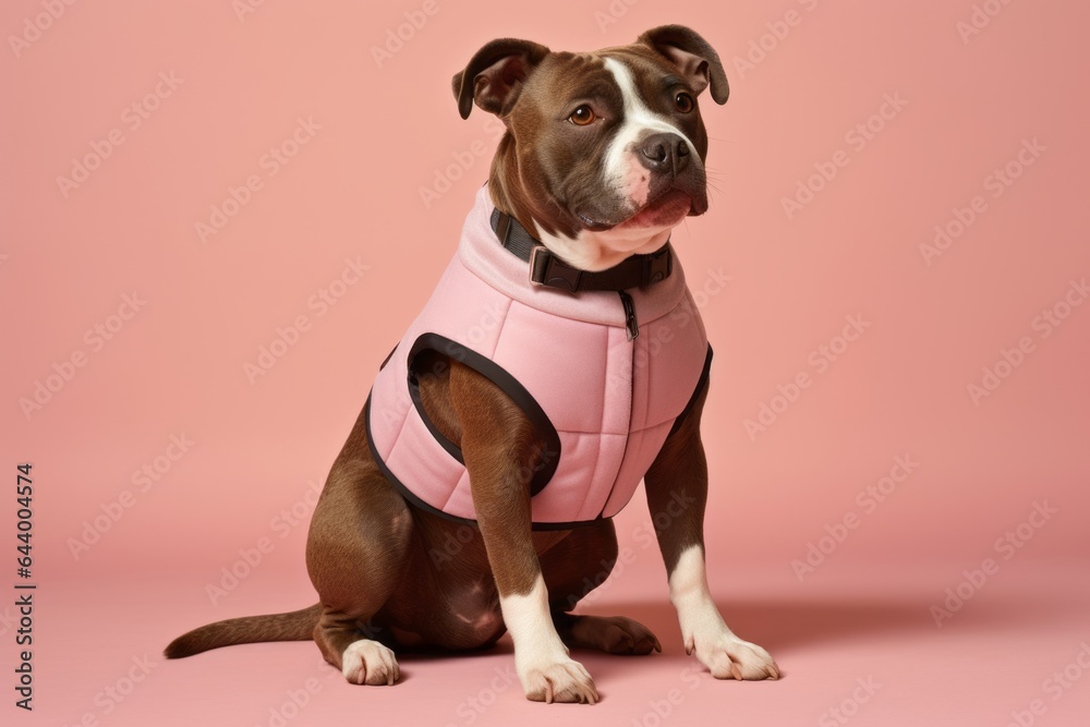Full-length portrait photography of a funny staffordshire bull terrier sitting on feet wearing a training vest against a pastel brown background. With generative AI technology