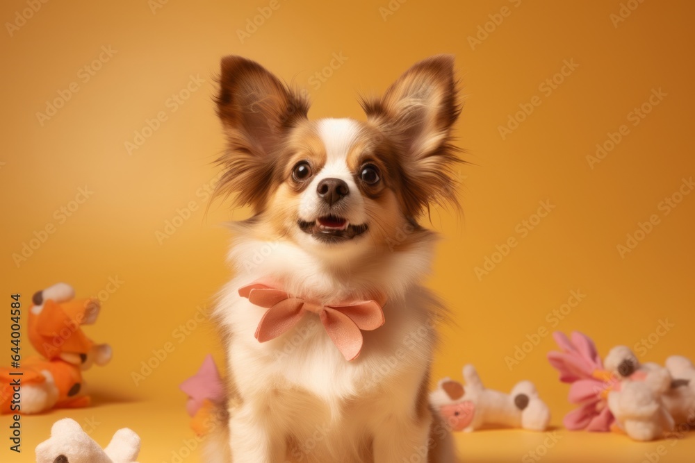 Environmental portrait photography of a funny papillon dog playing with toys wearing a teddy bear costume against a pastel brown background. With generative AI technology