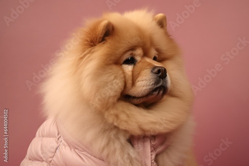 Photography in the style of pensive portraiture of a cute chow chow dog shaking off wearing a puffer jacket against a pastel brown background. With generative AI technology