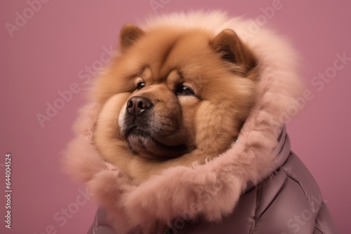 Photography in the style of pensive portraiture of a cute chow chow dog shaking off wearing a puffer jacket against a pastel brown background. With generative AI technology