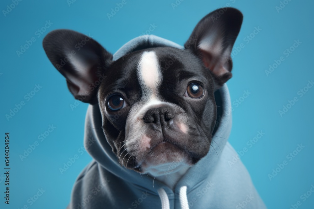 Group portrait photography of a cute boston terrier panting wearing a fluffy hoodie against a soft blue background. With generative AI technology