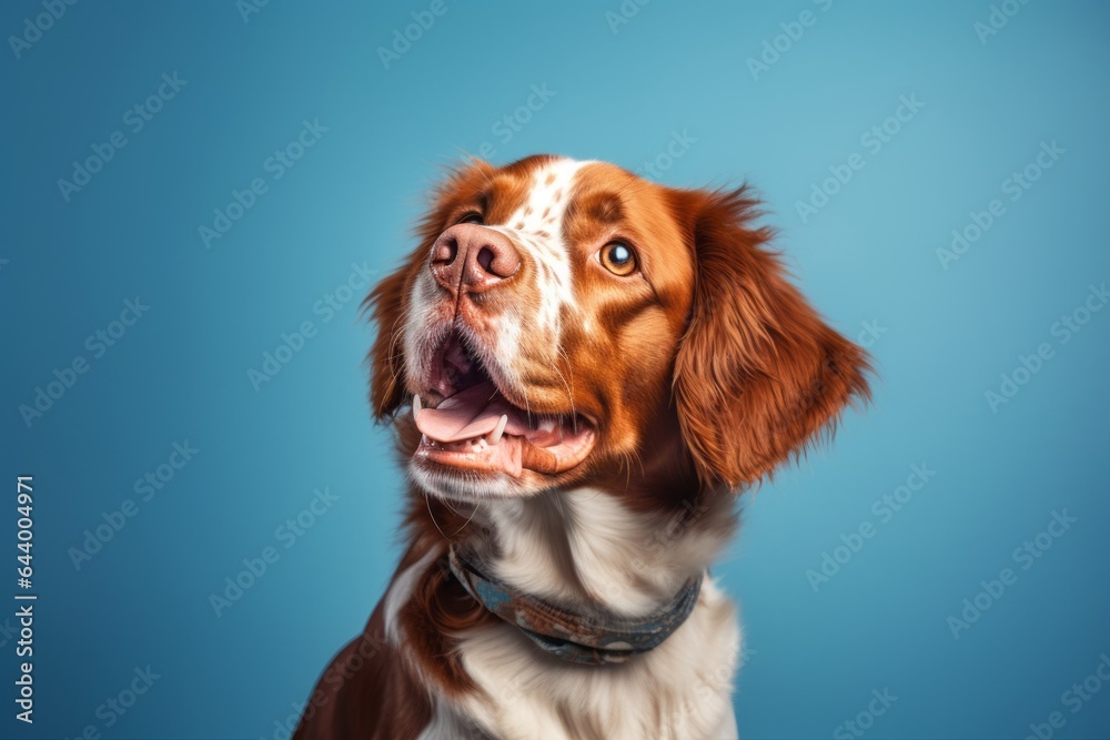 Close-up portrait photography of a curious brittany dog howling wearing a butterfly wings against a soft blue background. With generative AI technology