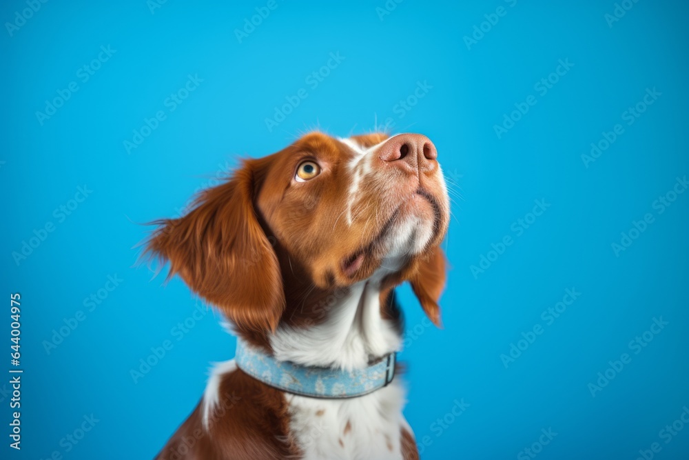 Close-up portrait photography of a curious brittany dog howling wearing a butterfly wings against a soft blue background. With generative AI technology