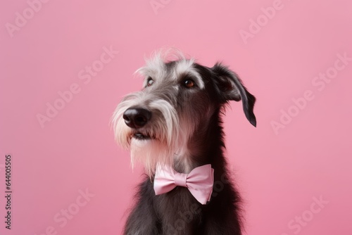 Environmental portrait photography of a funny scottish deerhound howling wearing a tuxedo against a soft pink background. With generative AI technology