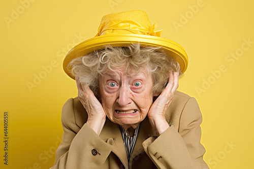 Hearing problem -an elderly woman with a yellow hat and unkempt hair covering her ears with her hands on a yellow background