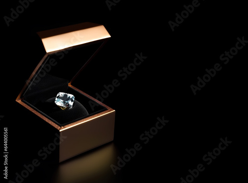 Diamond ring in its box on black background © tynza