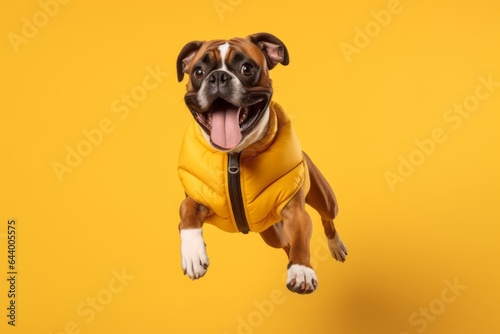 Environmental portrait photography of a smiling boxer dog leaping wearing a puffer jacket against a soft yellow background. With generative AI technology © Markus Schröder
