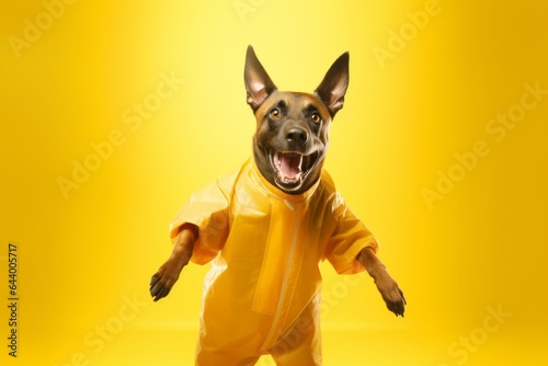 Environmental portrait photography of a smiling belgian malinois dog prancing wearing a doctor costume against a soft yellow background. With generative AI technology