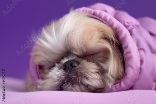 Medium shot portrait photography of a cute shih tzu sleeping wearing a parka against a soft purple background. With generative AI technology