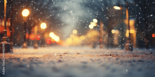 Winter city street with snowflakes. Blurred background, bokeh.