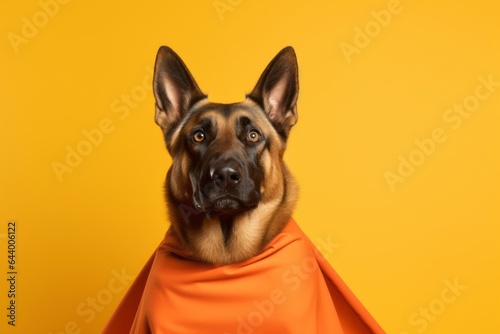 Photography in the style of pensive portraiture of a cute german shepherd tracking scent wearing a superhero costume against a soft orange background. With generative AI technology