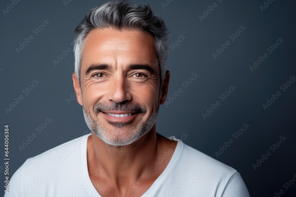 Obraz premium Portrait of a happily groomed fifty year old spanish man against a dark background.