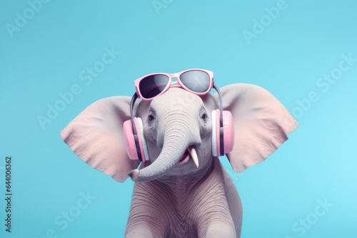 Cheerful pink elephant wearing pink glasses with headphones on a blue background.