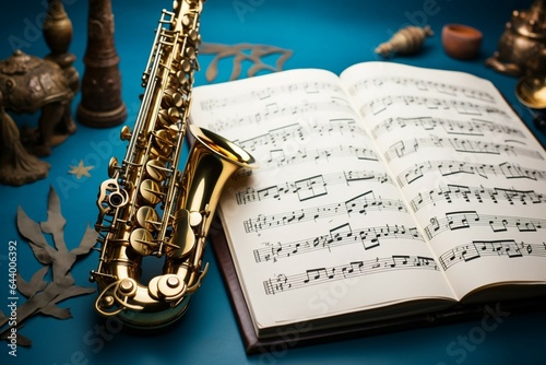 A blue canvas adorned with golden saxophones and a musical notebook.