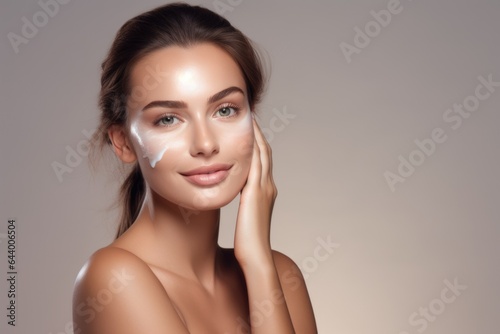 Portrait of a cute young girl with cream applied to her face on a beige background.