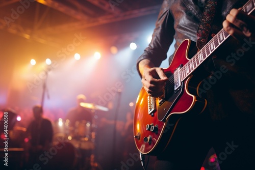 A guitarist stands out on stage, with a softly blurred background amplifying.