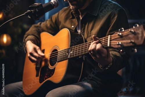A guitarist with a capo strums an acoustic guitar, performing in front of a microphone. photo