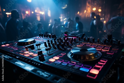 A nocturnal spectacle unfolds with the DJ mixer table at the nightclub.