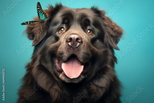 Environmental portrait photography of a smiling newfoundland dog panting wearing a butterfly wings against a soft teal background. With generative AI technology