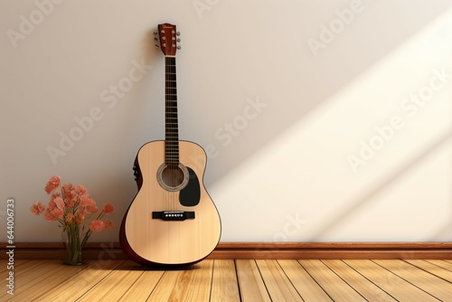 A serene composition: Acoustic guitar and musical keys rest on a blank canvas.