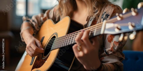 A side view captures a female musician skillfully strumming an acoustic guitar.