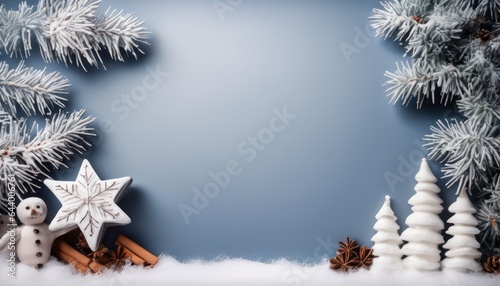 Empty Blank Blue Background with Beautiful Snow White Winter Wonderland Decorations with Copy Space For Text Display View Backdrop Xmas Concept Gift Card Template Product Demonstration Commercial Sale photo