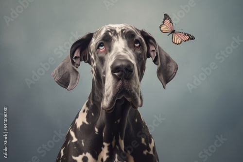 Headshot portrait photography of a funny great dane guarding wearing a butterfly wings against a soft gray background. With generative AI technology