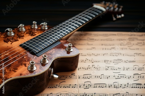 A top view unveils a guitar neck alongside a sheet of musical notation.
