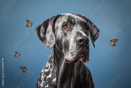Headshot portrait photography of a funny great dane guarding wearing a butterfly wings against a soft gray background. With generative AI technology