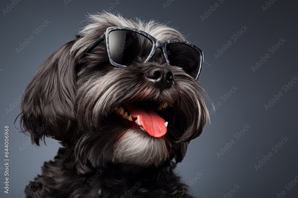 Close-up portrait photography of a smiling lowchen dog sniffing air wearing a trendy sunglasses against a soft gray background. With generative AI technology Close-up portrait photography of a smiling lowchen dog sniffing air wearing a trendy sunglasses against a soft gray background. With generative AI technology