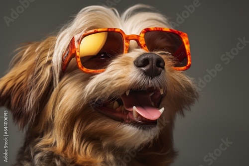 Close-up portrait photography of a smiling lowchen dog sniffing air wearing a trendy sunglasses against a soft gray background. With generative AI technology