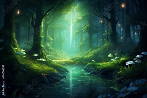 Illustration of a mystical forest scenery with a dreamy ambiance. Generative AI