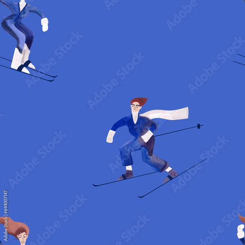 Watercolor seamless patern with skiers. Winter textile. Sport costume. Wrapping paper for ski resort souvenirs. Blue background