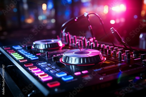 In the nightclub's vibrant atmosphere, pink DJ headphones accompany the sound mixer.