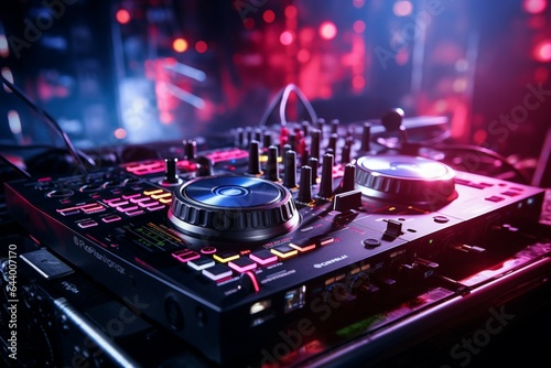 In the nightclub's vibrant atmosphere, pink DJ headphones accompany the sound mixer.