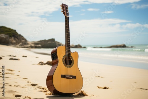 On the sandy shores  an upright acoustic guitar awaits a beachside performance.