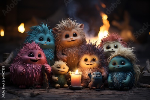  Group Of Adorable Monsters Gathered Around Candle Light, Generative AI