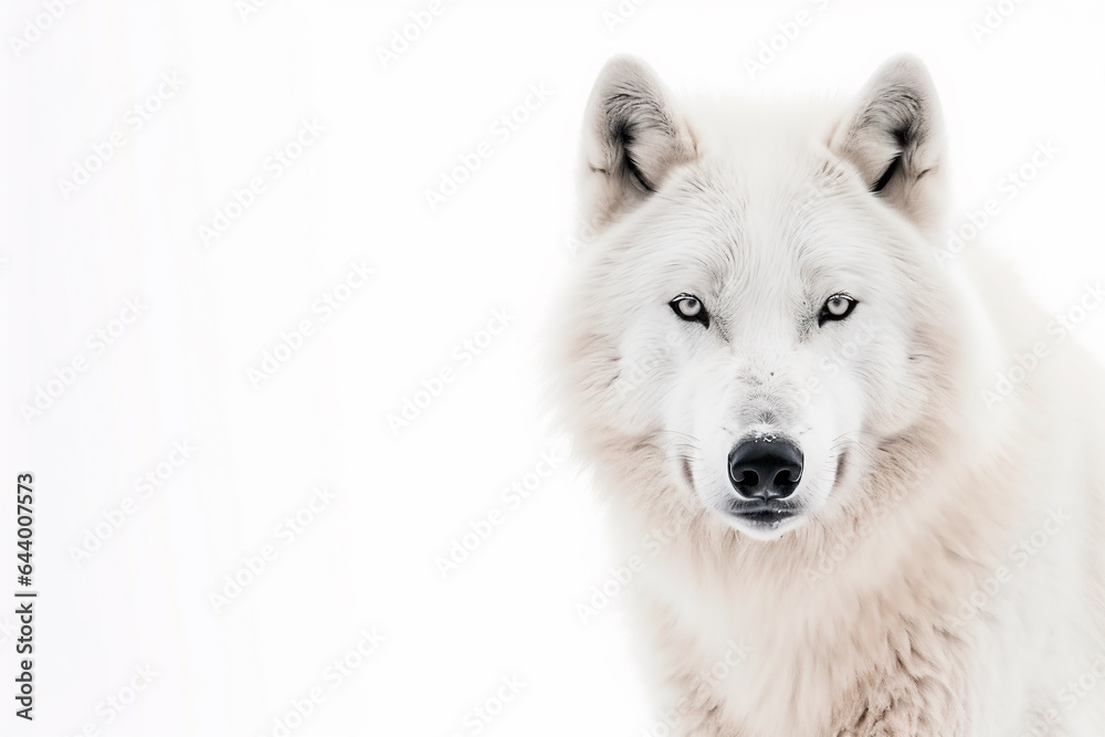 White polar wolf close-up on a white background, copy space