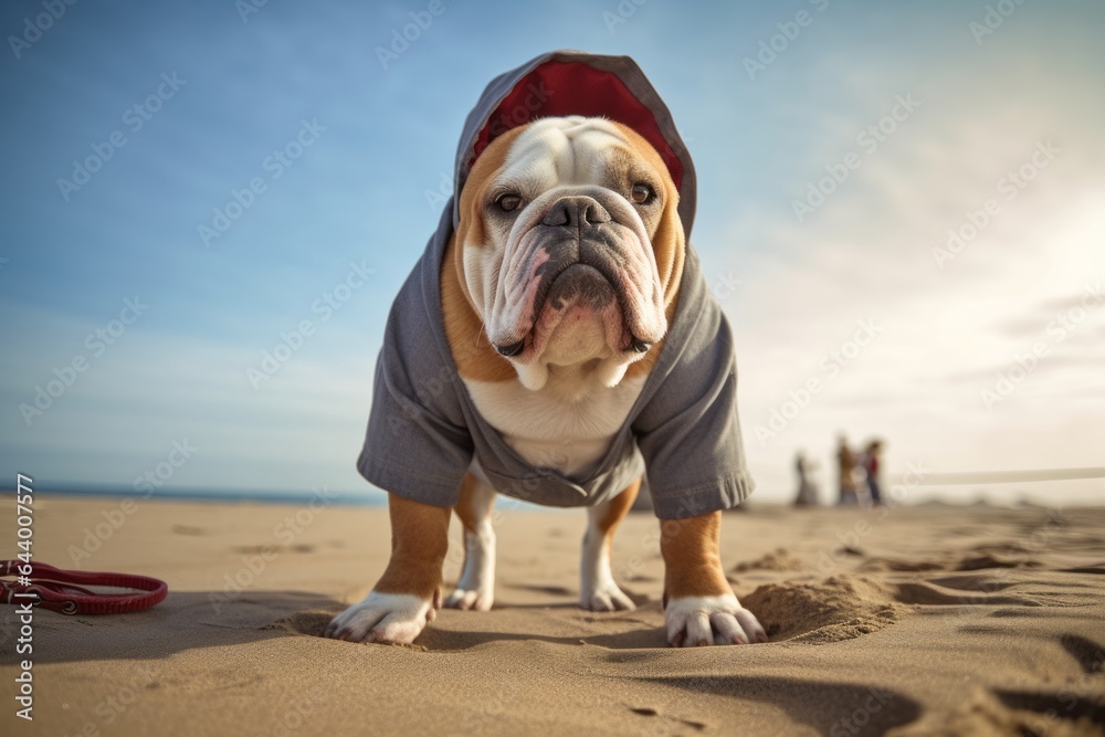 Medium shot portrait photography of a cute bulldog sitting on feet wearing a parka against a sandy beach background. With generative AI technology