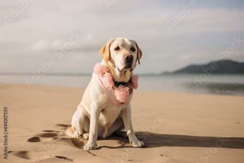 Group portrait photography of a smiling labrador retriever sitting on feet wearing a frilly dress against a sandy beach background. With generative AI technology