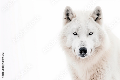 White polar wolf close-up on a white background, copy space