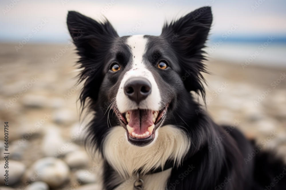 Headshot portrait photography of a happy border collie cuddling wearing a jumper against a sandy beach background. With generative AI technology
