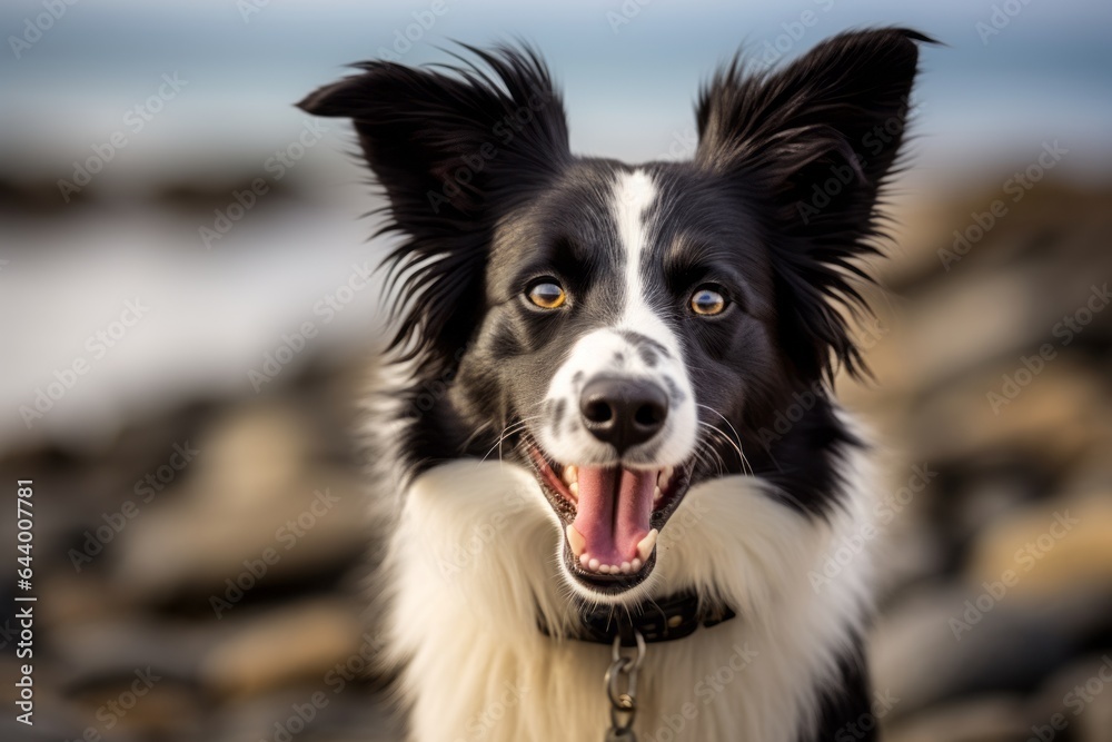 Headshot portrait photography of a happy border collie cuddling wearing a jumper against a sandy beach background. With generative AI technology