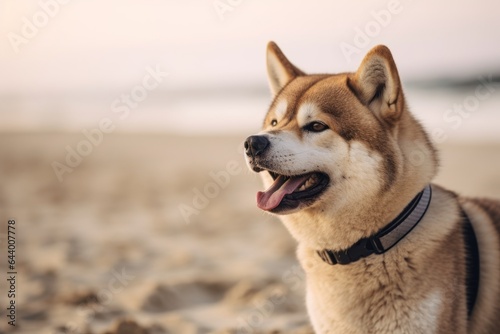 Close-up portrait photography of a curious akita sticking out tongue wearing a paw protector against a sandy beach background. With generative AI technology