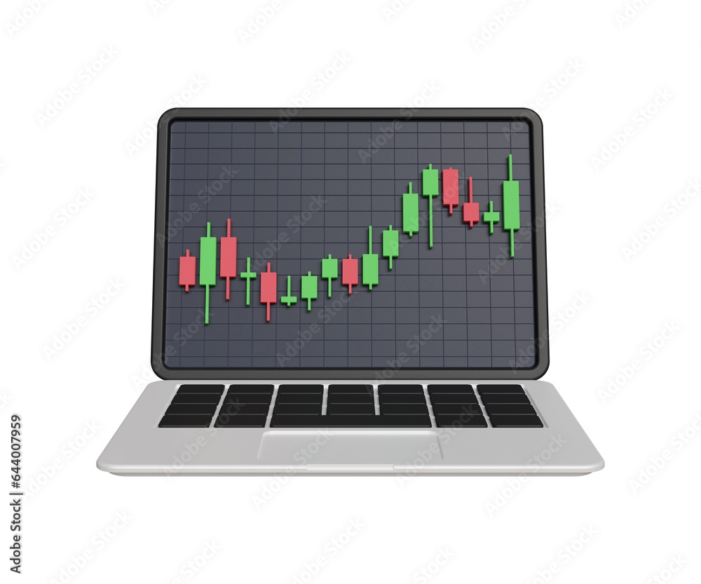 3D laptop with trading chart. Stock analysis, investing, monitoring exchange rate, candlestick graph. 3d illustration 3D laptop with trading chart. Stock analysis, investing, monitoring exchange rate, candlestick graph. 3d illustration