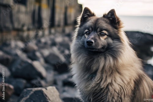 Group portrait photography of a curious keeshond cuddling wearing a shark fin against a rocky cliff background. With generative AI technology