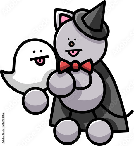 おばけと仮装するにゃんまるのイラスト　猫
