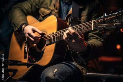 The guitarist, capo in place, serenades the microphone with an acoustic guitar.